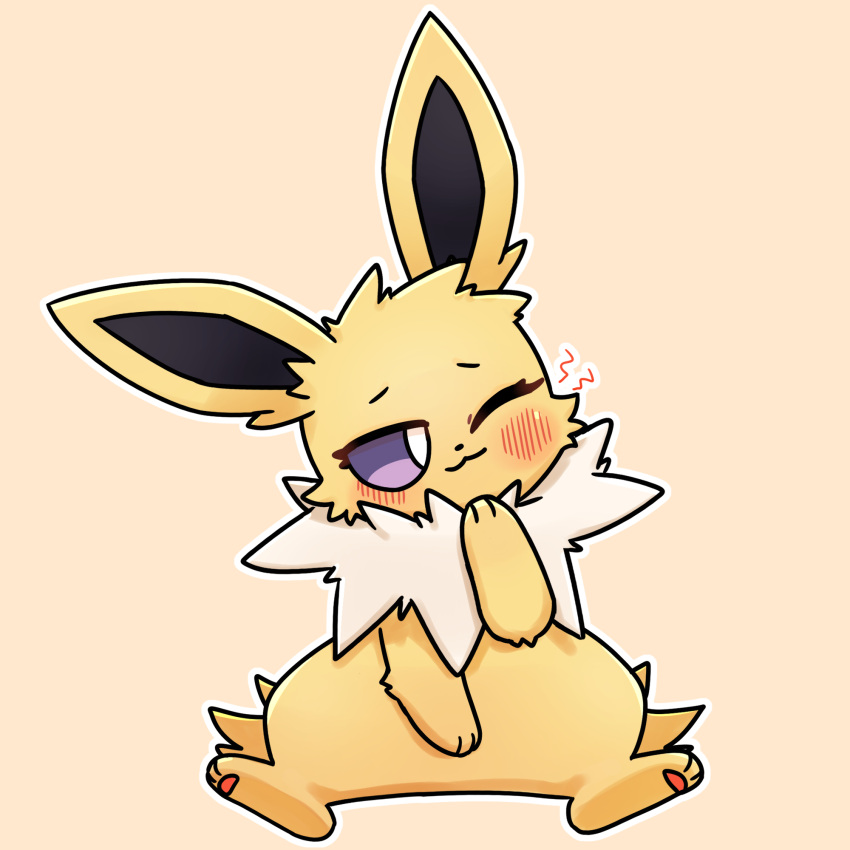 1:1 2022 :3c ambiguous_gender blush blush_lines eeveelution feral forepaw_on_face fur generation_1_pokemon head_tilt hi_res jolteon kemono neck_tuft nintendo one_eye_closed outline park_horang pawpads pokemon pokemon_(species) purple_eyes simple_background solo tuft white_body white_fur white_outline wink yellow_background yellow_body yellow_fur