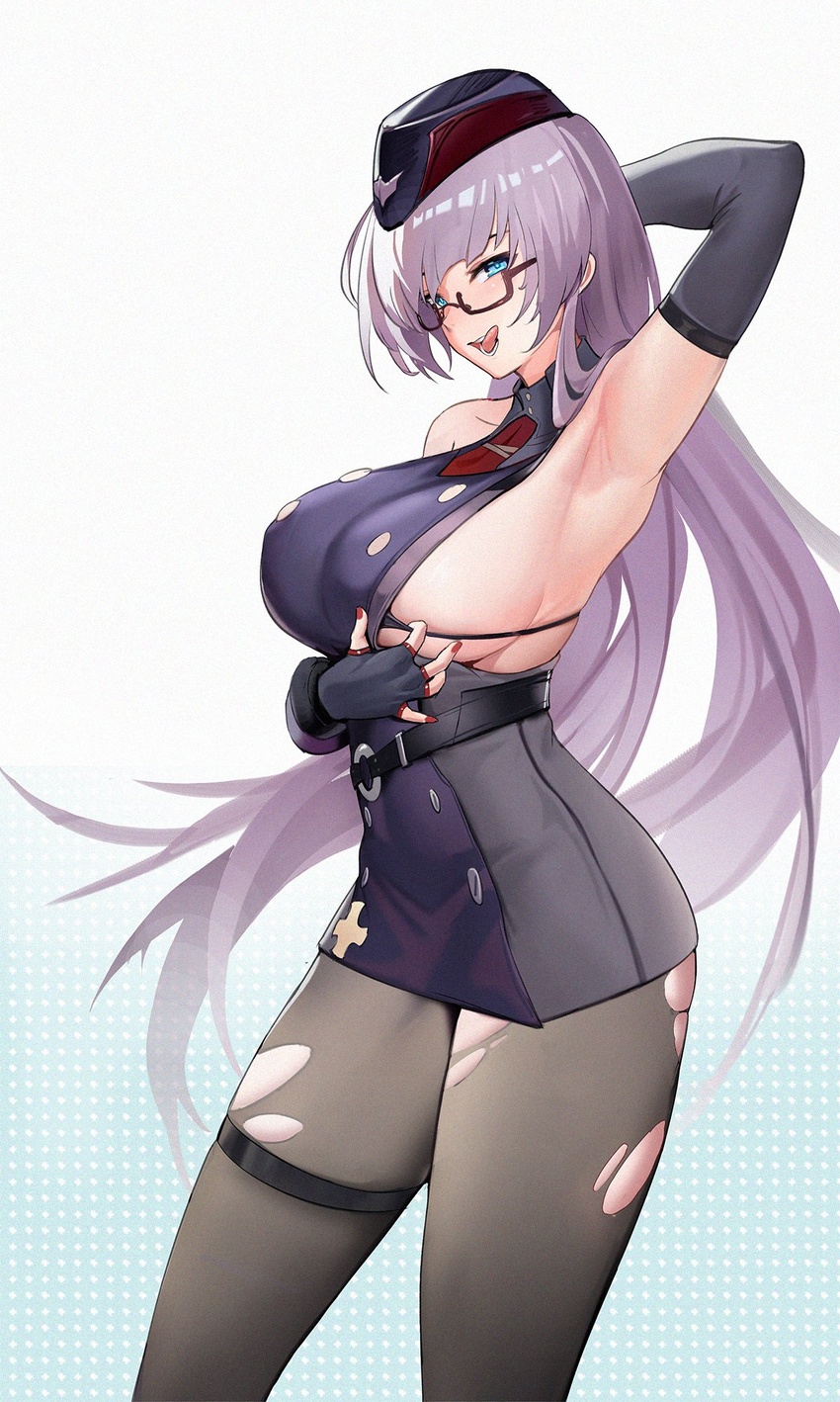 armpits azur_lane black_pantyhose blue_eyes blush breasts bridal_gauntlets cbmus cowboy_shot dress female glasses gneisenau_(azur_lane) gneisenau_(meta)_(azur_lane) highres licking_lips long_hair microdress pantyhose presenting_armpit purple_hair simple_background solo thigh_strap tongue tongue_out torn_clothes torn_pantyhose white_background