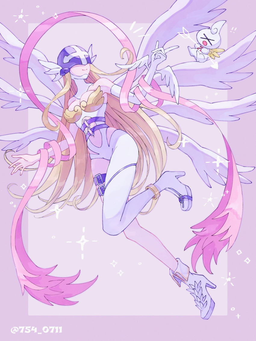 angel angel_wings angewomon arrow_(symbol) asymmetrical_clothes belt blonde_hair boots border breasts cleavage closed_eyes closed_mouth clothing_cutout commentary covered_eyes cupimon digimon digimon_(creature) elbow_gloves facing_another female full_body gloves hagoromo helmet helmet_over_eyes high_heel_boots high_heels highres holy_ring large_breasts long_hair multiple_wings nagoshi navel o-ring o-ring_belt open_mouth outside_border pink_background pointing purple_border shawl single_elbow_glove single_glove smile star_(symbol) stomach_cutout thigh_belt thigh_strap twitter_username very_long_hair white_footwear white_gloves white_wings winged_gloves winged_helmet wings