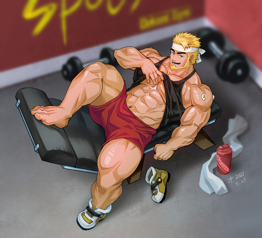 1boy :d abs andrew_(live_a_hero) bara bare_shoulders beard black_tank_top blonde_hair bulge clothes_lift dumbbell facial_hair full_body gym headband highres indoors large_pectorals live_a_hero lrpanda00 male_focus mature_male midriff muscular muscular_male navel open_mouth pectorals red_shorts shirt_lift shoes short_hair shorts sidepec smile sneakers solo stomach tank_top thick_thighs thighs unworn_shoes veins