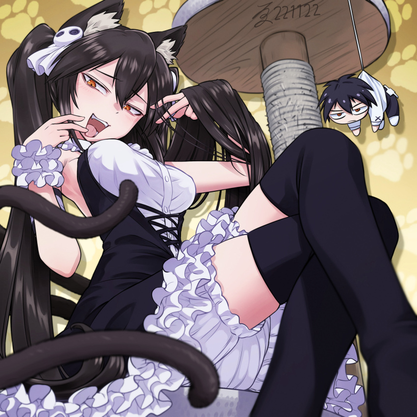 :d :o animal_ears black_dress black_hair bloomers breasts brown_eyes cat_ears cat_tail character_doll character_request crossed_legs dai_tokyo_oniyome-den dated dress feet_out_of_frame female hanafuda_jinta hand_in_own_hair harayukisodati highres medium_breasts miyako_(dai_tokyo_oniyome-den) multiple_tails paw_print scratching_post smile tail two_tails underwear white_bloomers white_dress yellow_background