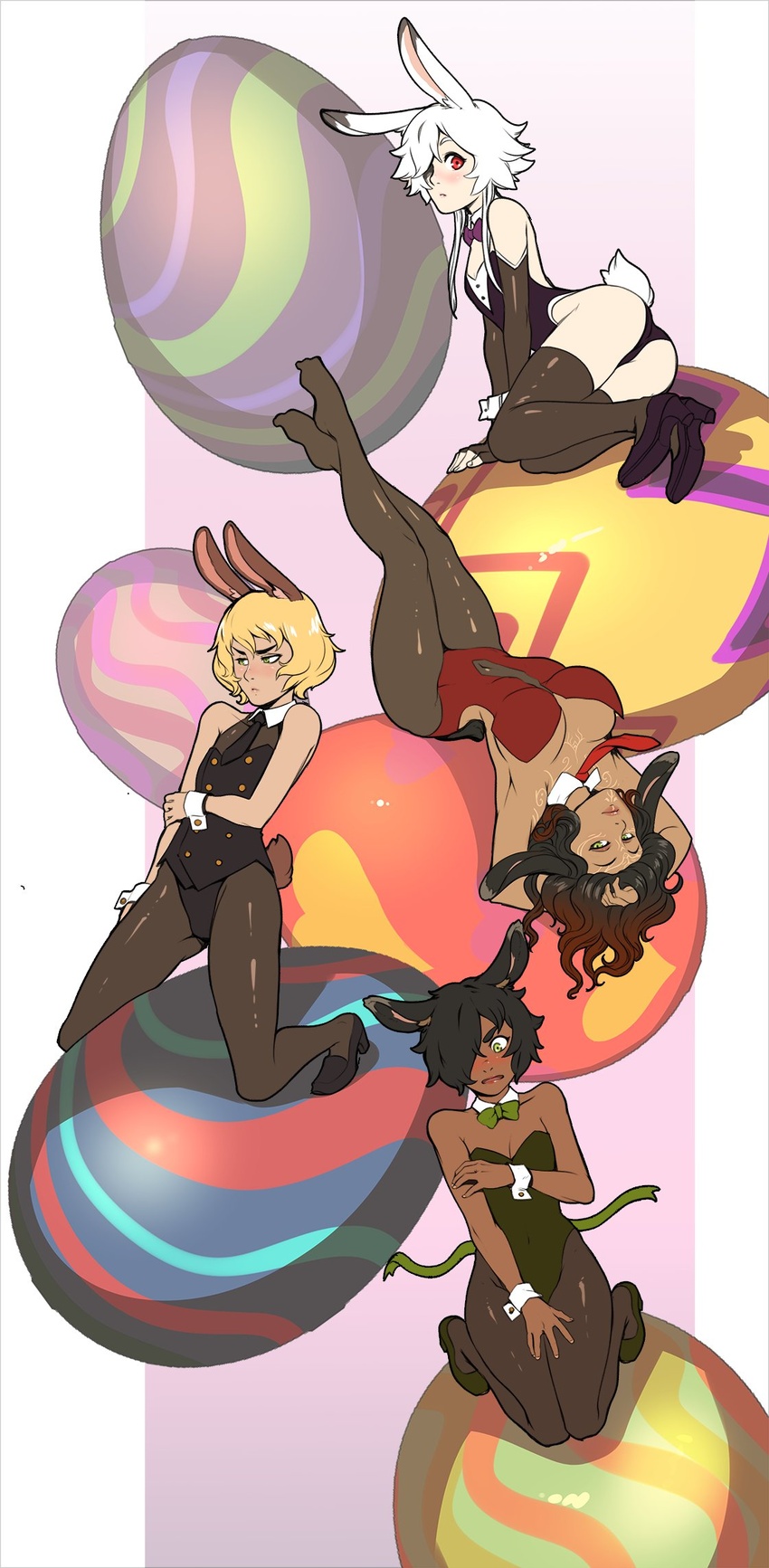 4girls animal_ears ass bare_shoulders black_footwear black_hair black_legwear black_leotard black_necktie blonde_hair breasts brit_(d-rex) brown_hair bunny_(d-rex) buttons cleavage commentary covered_navel d-rex dark-skinned_female dark_skin double-breasted easter_egg egg english_commentary green_footwear green_leotard hair_over_one_eye hat high_heels highres large_breasts leotard long_hair looking_at_viewer multiple_girls necktie original pantyhose playboy_bunny rabbit_ears rabbit_tail red_eyes red_leotard seiza shoes short_hair short_hair_with_long_locks sitting small_breasts standing strapless strapless_leotard tail thighhighs upside-down white_hair wrist_cuffs