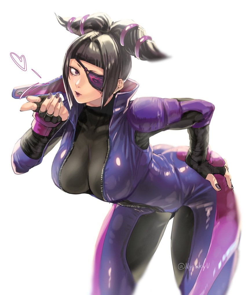 80yakky bent_over biker_clothes bikesuit black_hair blowing_kiss blunt_bangs bodysuit breasts eyepatch female hand_on_own_hip heart highres juri_han looking_at_viewer nail_polish purple_eyes purple_nails solo street_fighter street_fighter_v twitter_username white_background