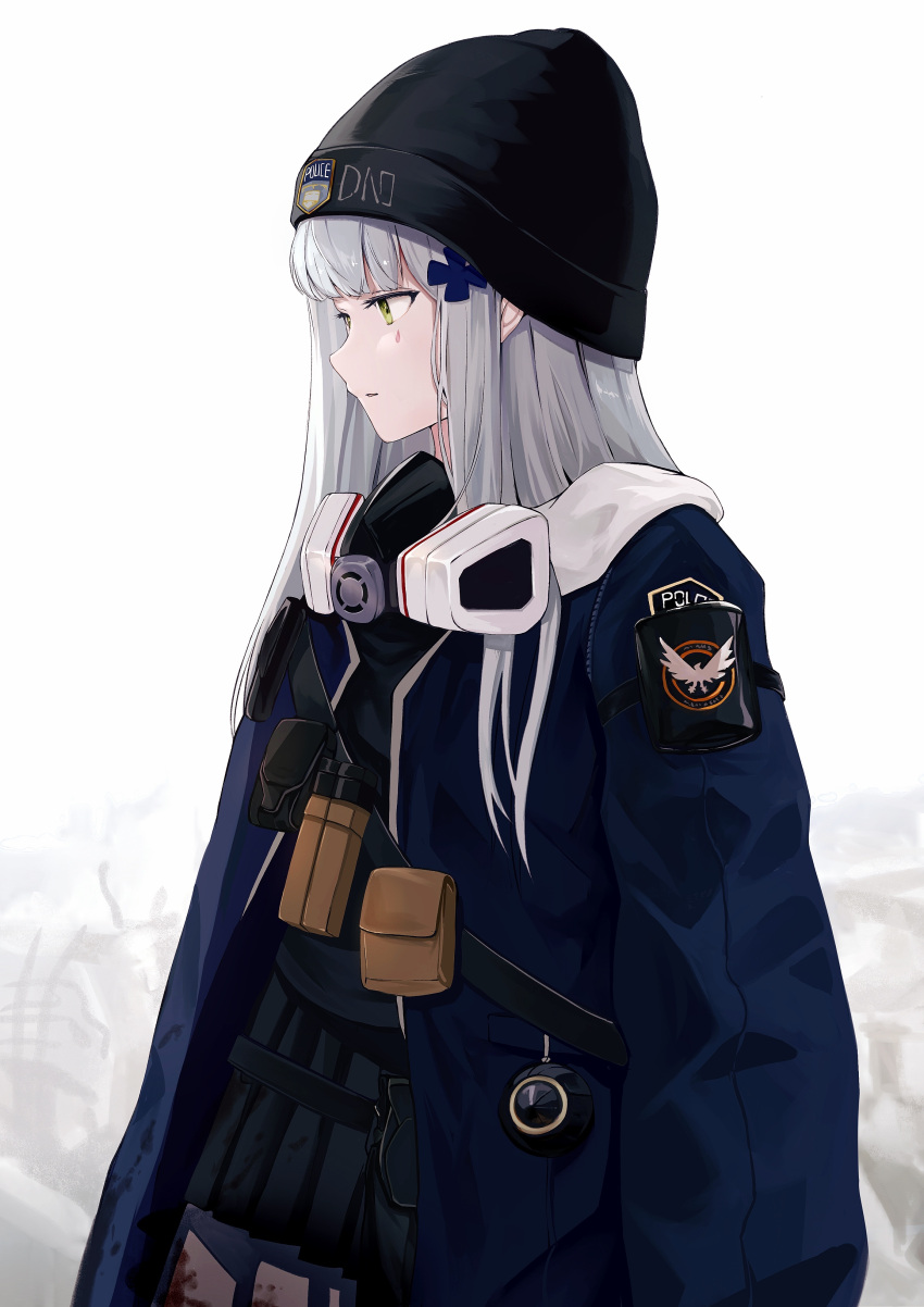 absurdres agent_416_(girls'_frontline) agent_416_(shield_of_manhattan)_(girls'_frontline) amamizu_shizuku beanie commentary facial_mark female girls'_frontline green_eyes grey_hair hair_ornament hat highres hk416_(girls'_frontline) hood hood_down hooded_jacket jacket long_hair mask mask_around_neck official_alternate_costume profile respirator solo tom_clancy's_the_division upper_body