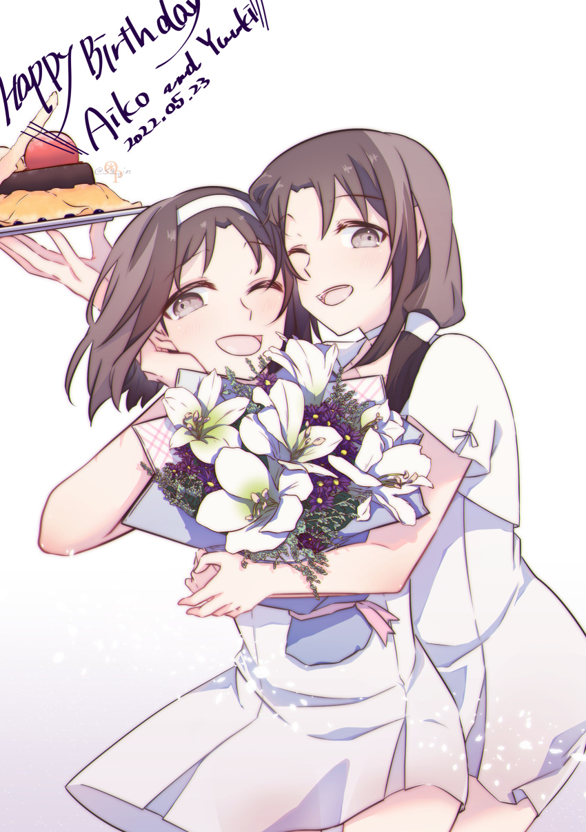 2girls absurdres bouquet brown_hair character_name dessert dress english_text flower_request food food_request happy_birthday highres hug hug_from_behind konno_aiko konno_yuuki_(sao) looking_at_viewer medium_hair multiple_girls neosight one_eye_closed siblings sisters smile sword_art_online white_background white_dress