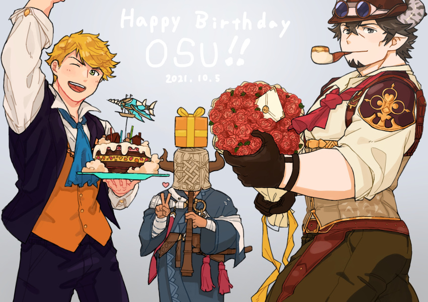 >_o 3boys absurdres bakura_(granblue_fantasy) bara barawa belt birthday_cake black_jacket black_pants blonde_hair blush bouquet box brown_hair brown_pants cake dated draph facial_hair flower flute food gift gift_box goatee goggles goggles_on_head granblue_fantasy green_eyes haishiba_ame happy_birthday hat heart highres holding holding_bouquet holding_cake holding_food holding_instrument horns instrument jacket japanese_clothes kimono large_pectorals letter male_focus multiple_boys muscular muscular_male official_alternate_costume one_eye_closed open_clothes open_jacket open_mouth orange_vest pants pectorals red_flower shirt short_hair sleeveless sleeveless_jacket smile v vane_(granblue_fantasy) vest white_shirt