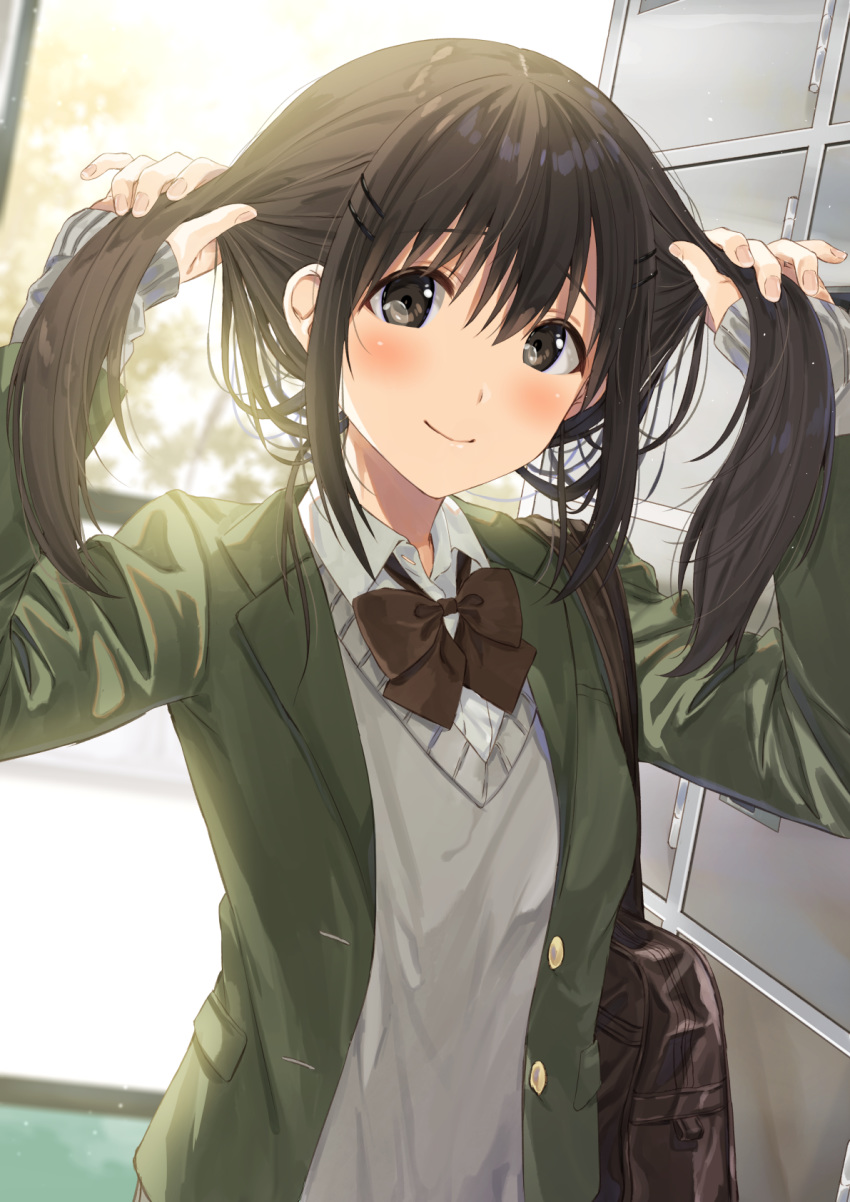 adjusting_hair arms_up bag blush bow bowtie brown_bow brown_bowtie brown_eyes brown_hair bunching_hair cardigan closed_mouth commentary_request duffel_bag female hair_ornament hairclip highres kukiha long_hair long_sleeves looking_at_viewer original school_uniform smile solo twintails uniform upper_body