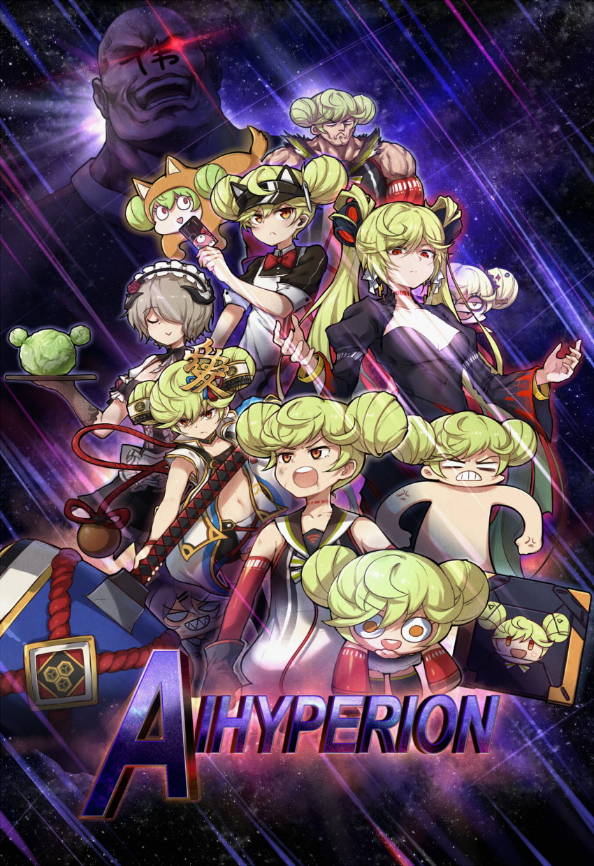 1boy 6+girls ai-chan_(honkai_impact) anger_vein angry apron avengers:_endgame avengers_(series) bald black_dress black_gloves brown_gloves brown_hair cabbage card closed_eyes closed_mouth commentary_request da_wei diaoxian_kuangmo discipline_enforcer_a1 double_bun dress elbow_gloves gloves glowing glowing_eye green_eyes green_hair hair_bun hair_ornament hair_over_one_eye hammer highres holding holding_card holding_hammer honkai_(series) honkai_impact_3rd long_hair long_sleeves looking_at_viewer loot_box maid maid_apron maid_headdress marvel marvel_cinematic_universe multiple_girls multiple_persona muscular muscular_female navel open_mouth orange_eyes parody rita_rossweisse rita_rossweisse_(umbral_rose) shirt short_sleeves sin_mal sleeveless sleeveless_shirt sleeves_rolled_up space thanos twintails v-shaped_eyebrows