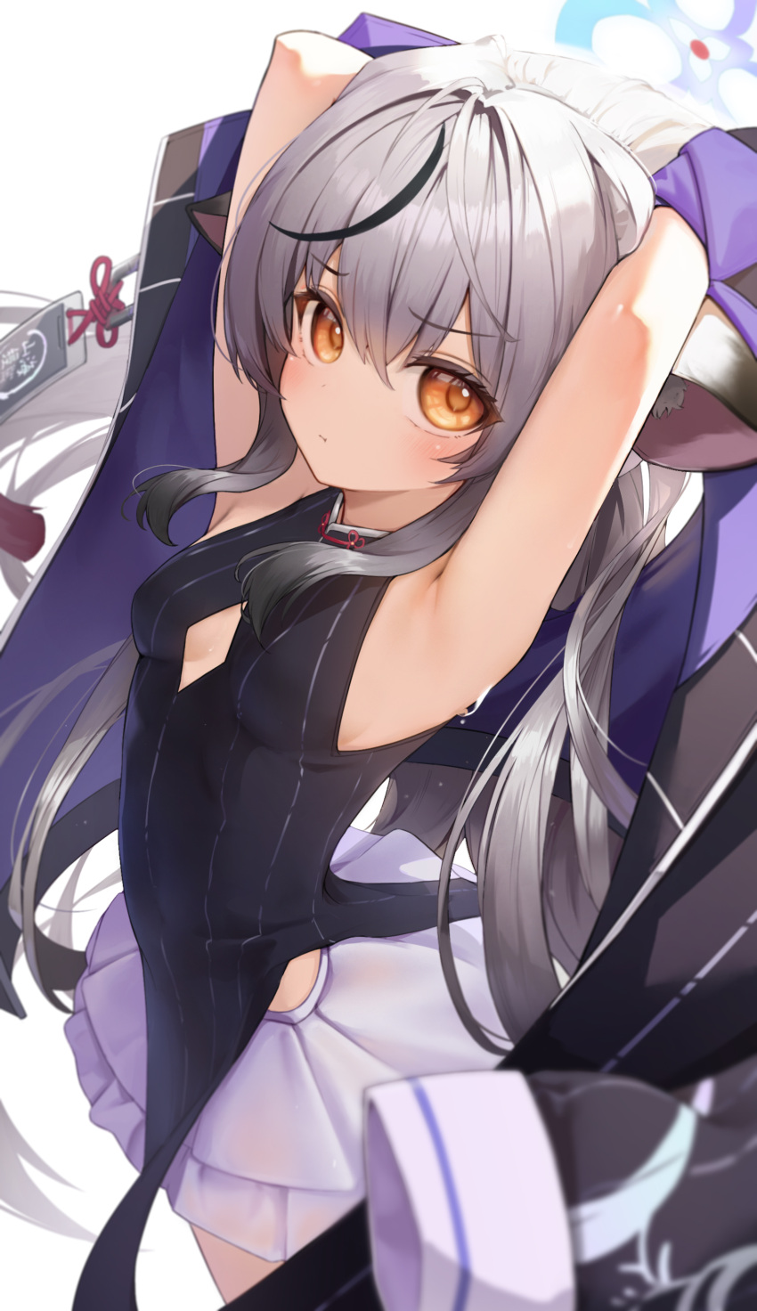 :t absurdres animal_ears armpits arms_behind_head arms_up bad_id bad_pixiv_id bare_arms bare_shoulders black_coat black_shirt blue_archive blurry breasts canizzz cleavage_cutout closed_mouth clothing_cutout coat commentary depth_of_field female frown gradient_hair grey_hair halo highres holding holding_clothes holding_coat kokona_(blue_archive) long_hair looking_at_viewer multicolored_hair orange_eyes pelvic_curtain pout shirt skirt sleeveless sleeveless_shirt small_breasts solo streaked_hair striped_clothes striped_shirt sweat tiger_ears unworn_coat v-shaped_eyebrows very_long_hair white_skirt