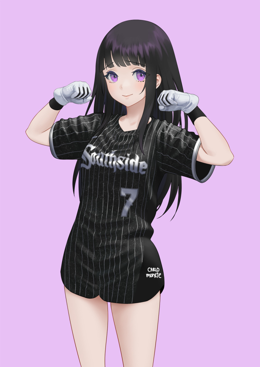 baseball_uniform black_hair blush breasts carlo_montie chicago_white_sox chitanda_eru clenched_hands closed_mouth commentary commission english_commentary female gloves hands_up highres hyouka long_hair looking_at_viewer major_league_baseball purple_background purple_eyes short_sleeves simple_background smile solo sportswear standing tim_anderson white_gloves