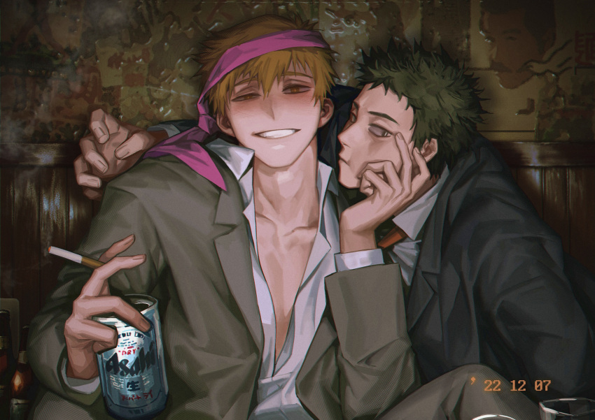 2boys absurdres alcohol asahi_breweries beer_can black_hair black_jacket blonde_hair blush brown_eyes can chino1048 cigarette collared_shirt drink_can formal grey_jacket grin hand_on_another's_face highres holding holding_can holding_cigarette jacket long_sleeves looking_at_viewer male_focus mob_psycho_100 multiple_boys necktie open_clothes partially_unbuttoned pink_necktie reigen_arataka serizawa_katsuya shirt short_hair smile suit timestamp white_shirt