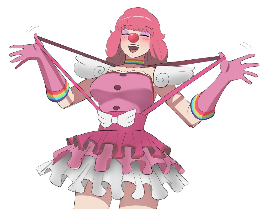 blush choker closed_eyes clown clown_nose cowboy_shot feather_sleeves female frilled_skirt frills geiru_toneido gloves gyakuten_saiban hands_up highres jourd4n long_hair open_mouth phoenix_wright:_ace_attorney_-_spirit_of_justice pink_gloves pink_hair rainbow_choker rainbow_print shadow simple_background skirt smile solo suspender_skirt suspenders suspenders_pull white_background wing-shaped_bow