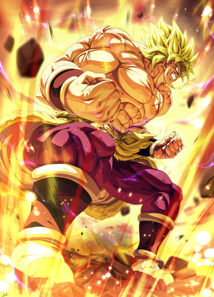 1boy abs aura bad_id bad_twitter_id blank_eyes blonde_hair boots bracer broly_(dragon_ball_super) clenched_hands clenched_teeth commentary_request debris dragon_ball dragon_ball_super dragon_ball_super_broly full_body highres large_pectorals legendary_super_saiyan male_focus motion_blur muscular muscular_male pants pectorals pelt purple_pants scar scar_on_chest sekitsuki_hayato signature skin_tight solo spiked_hair super_saiyan teeth topless_male veins