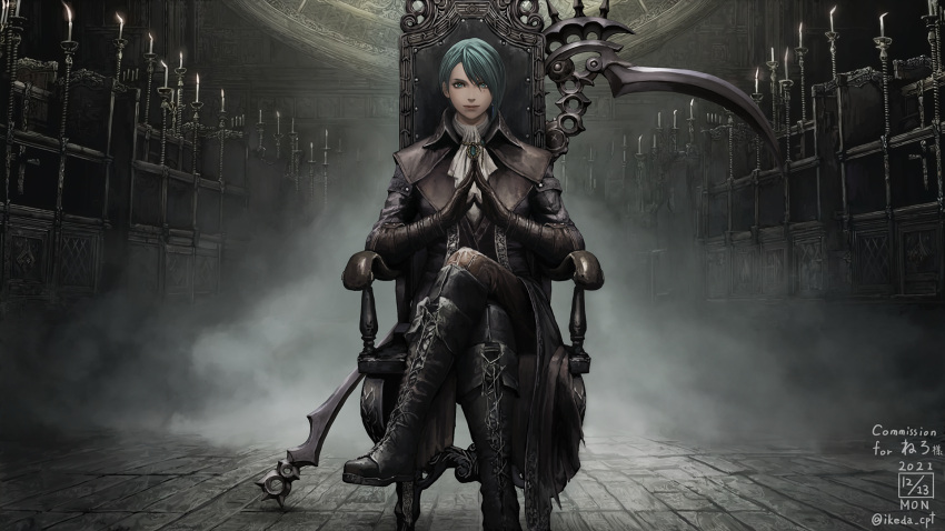 ascot asymmetrical_hair bloodborne boots candle candlestand chair closed_mouth coat commission cosplay cross-laced_footwear crossed_legs female final_fantasy final_fantasy_xiv fisheye fog gloves green_eyes green_hair hands_up highres ikeda_(cpt) indoors lace-up_boots lady_maria_of_the_astral_clocktower lady_maria_of_the_astral_clocktower_(cosplay) looking_at_viewer medium_hair mole mole_under_eye mole_under_mouth on_chair original own_hands_together pants reaper_(final_fantasy) scythe sitting skeb_commission smile solo warrior_of_light_(ff14) watermark weapon