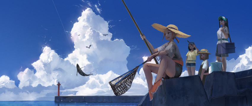 4girls absurdres ahoge black_hair blue_sky breasts brown_hair bucket cloud day denim denim_shorts fish fishing fishing_rod hand_up hat highres hodaka_natsumi houkago_teibou_nisshi kuroiwa_yuuki kutoha medium_breasts medium_hair multiple_girls net oono_makoto orange_footwear outdoors pier scenery shirt short_shorts short_sleeves shorts sky straw_hat sun_hat t-shirt tan tsurugi_hina water white_shirt