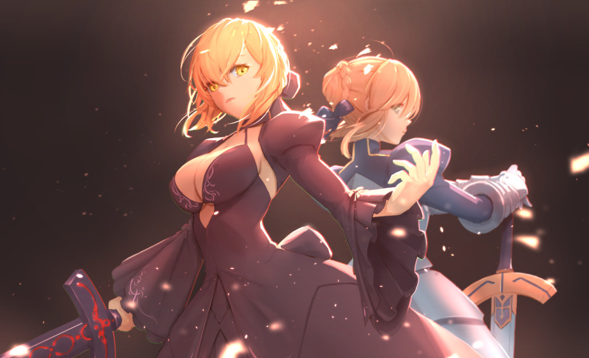 2girls ahoge armor armored_dress artoria_pendragon_(fate) black_background blonde_hair blue_ribbon braid breasts cleavage_cutout clothing_cutout cowboy_shot cutout_above_navel dark_persona dual_persona excalibur_(fate/stay_night) excalibur_morgan_(fate) fate/grand_order fate/stay_night fate_(series) french_braid gauntlets green_eyes hair_between_eyes hair_ribbon highres juliet_sleeves large_breasts long_sleeves looking_at_viewer multiple_girls parted_lips planted planted_sword puffy_sleeves ribbon saber_(fate) saber_alter sword tenshin_kagehisa weapon wide_sleeves yellow_eyes