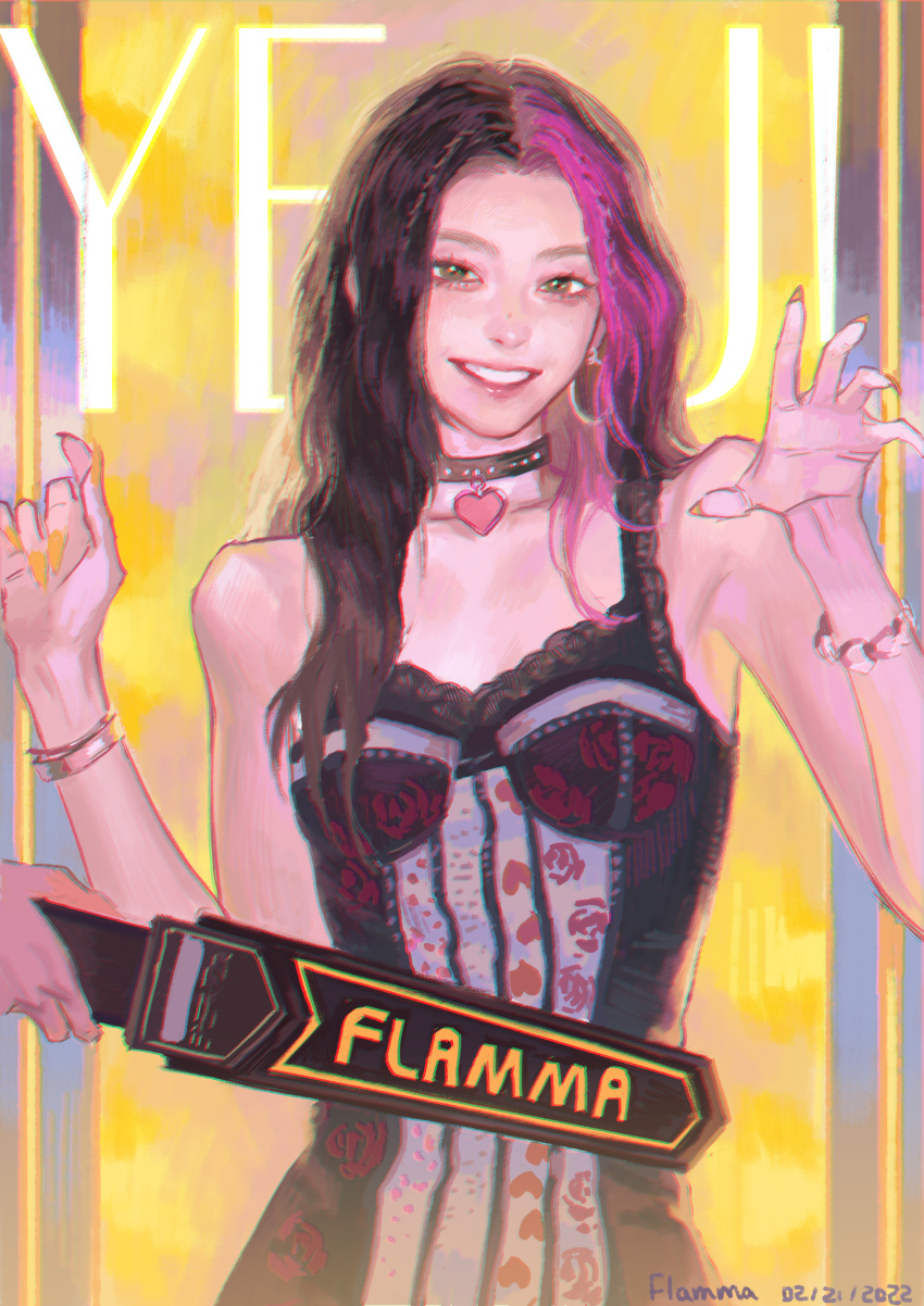 absurdres artist_name bad_id bad_lofter_id black_bustier black_choker black_hair bracelet breasts bustier character_name choker chromatic_aberration collarbone commentary dated female flamma_(immortalemignis) green_eyes highres itzy jewelry k-pop leaning_to_the_side long_hair looking_at_viewer metal_detector multicolored_hair open_hand parted_lips pink_hair real_life realistic small_breasts solo_focus streaked_hair symbol-only_commentary upper_body yeji_(itzy)