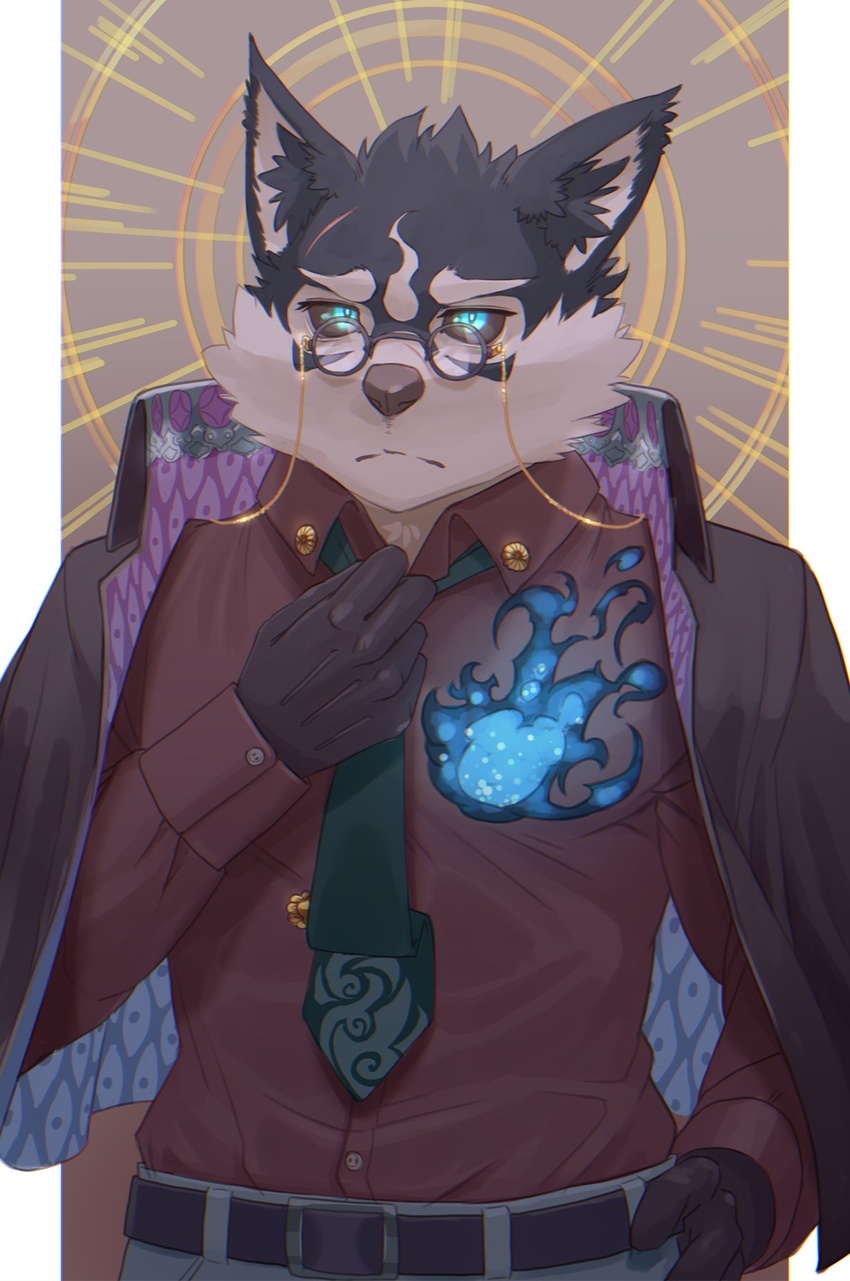 anthro biri black_body black_fur black_sclera blue_eyes canid canine canis clothing digital_media_(artwork) domestic_dog dress_shirt eyewear fur glasses hi_res lifewonders male mammal masanori_(tas) multicolored_body multicolored_fur necktie shirt solo tokyo_afterschool_summoners topwear white_body white_fur