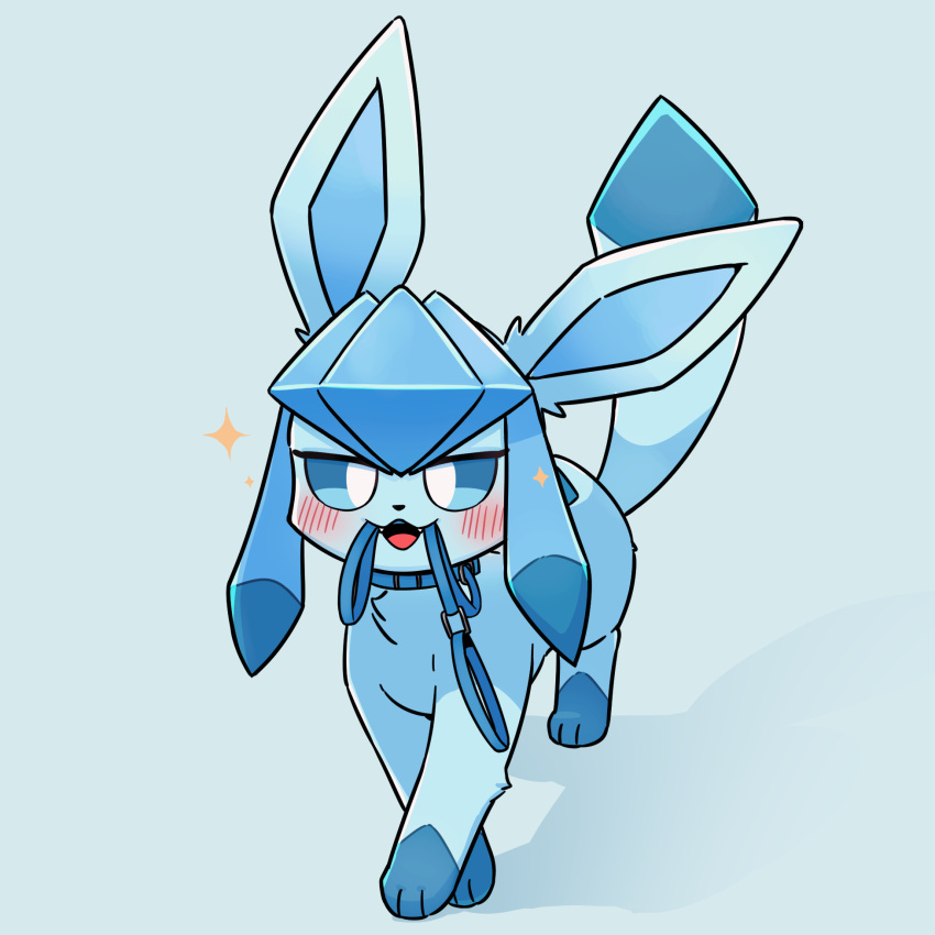 1:1 2022 ambiguous_gender blue_body blue_eyes blue_fur blue_leash blush blush_lines cute_fangs dipstick_tail eeveelution fur generation_4_pokemon glaceon hi_res kemono leash leash_in_own_mouth leg_markings looking_at_viewer markings narrowed_eyes nintendo open_mouth park_horang pokemon pokemon_(species) shaded simple_shading socks_(marking) solo sparkles tail tail_markings walking