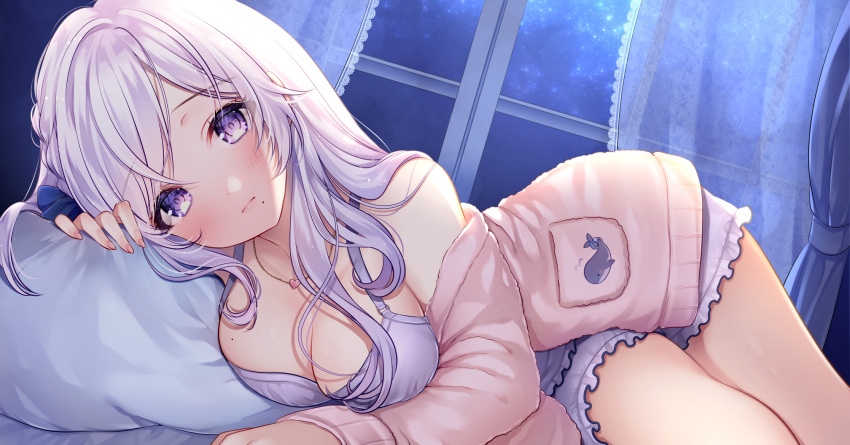 bed blush breasts cleavage long_hair necklace night original pajamas purple_eyes white_hair yuge_(mkmk)