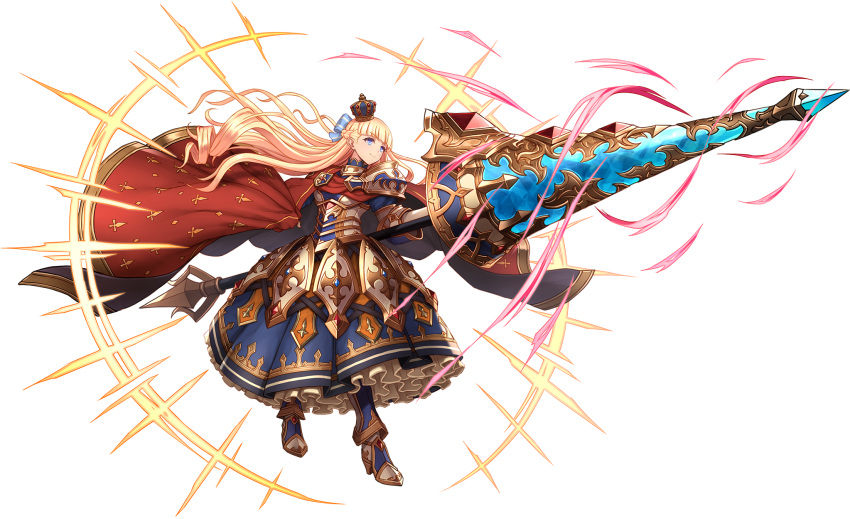 armor armored_dress awakening_(sennen_sensou_aigis) blue_bow blue_eyes bow cape dress female full_body hairbow highres huge_weapon lance long_hair mireille_(sennen_sensou_aigis) official_art polearm sennen_sensou_aigis smile solo tachi-e tiara transparent_background weapon