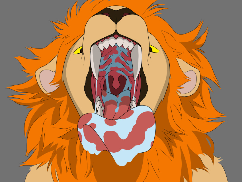 4:3 ambiguous_gender bluepredator bodily_fluids fangs felid fur hair hi_res lion looking_at_viewer mammal mouth_shot open_mouth orange_body orange_fur orange_hair pantherine saliva simple_background solo tan_body tan_fur teeth throat tongue uvula yellow_sclera