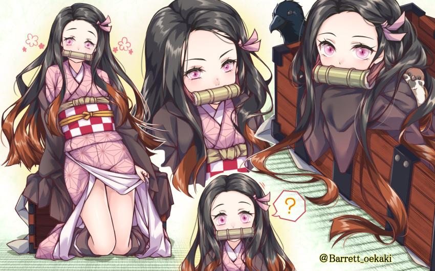 ? asa_no_ha_(pattern) bamboo baretto_(firearms_1) bird bit_gag black_hair box brown_hair checkered_sash chuntarou_(kimetsu_no_yaiba) commentary_request crow female flower forehead gag hair_ribbon haori japanese_clothes kamado_nezuko kimetsu_no_yaiba kimono kneeling long_hair long_sleeves looking_at_viewer multicolored_hair multiple_views obi off_shoulder pink_eyes pink_kimono ribbon sash sparrow spoken_question_mark tatami tennouji_matsuemon thighs twitter_username two-tone_hair wide_sleeves