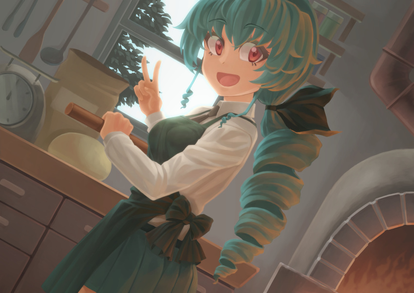 :d absurdres alternate_hairstyle anchovy_(girls_und_panzer) anzio_school_uniform apron black_necktie black_ribbon black_skirt brick_oven cooking dress_shirt dutch_angle female girls_und_panzer green_apron green_hair hair_ribbon helmet_(trailblazer003) highres holding indoors kitchen long_hair long_sleeves looking_at_viewer looking_back miniskirt necktie no_legwear open_mouth oven pleated_skirt red_eyes ribbon school_uniform shirt single_drill skirt smile solo standing twintails v white_shirt window wing_collar