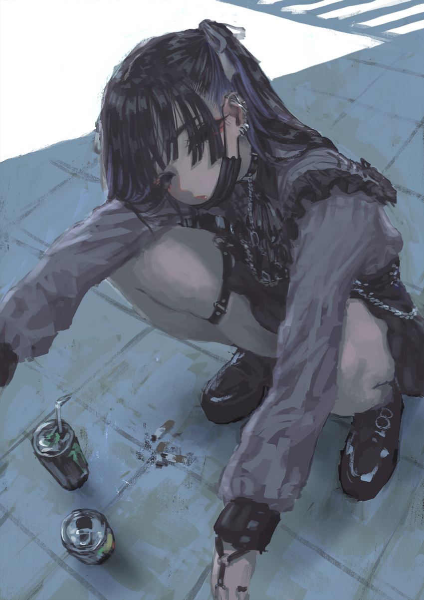 black_eyes black_hair can cigarette ear_piercing earrings eyeliner female frills highres jewelry jonpei long_hair looking_at_viewer makeup mask mask_pull mouth_mask original piercing purple_hair skirt solo spread_legs squatting thigh_strap two_side_up