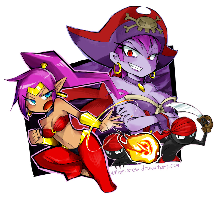 2017 bandana blue_eyes breasts clothing ear_piercing ear_ring female fire genie group hair hi_res human humanoid humanoid_pointy_ears kerchief long_hair male mammal melee_weapon not_furry open_mouth piercing pirate_hat ponytail purple_hair red_eyes ring_piercing risky_boots shantae shantae_(series) smile sword text tinkerbat url wayforward weapon white-stew