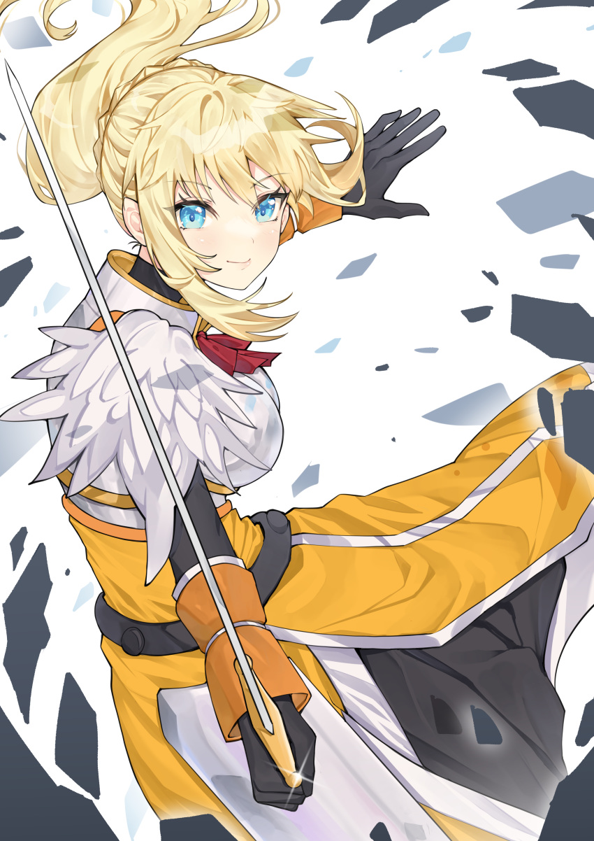 absurdres ai-nohikari armor blonde_hair blue_eyes braid breasts clip_studio_paint_(medium) commentary darkness_(konosuba) female gloves hair_between_eyes hair_ornament highres holding holding_sword holding_weapon kono_subarashii_sekai_ni_shukufuku_wo! long_hair medium_breasts ponytail smile solo sword very_long_hair weapon x_hair_ornament