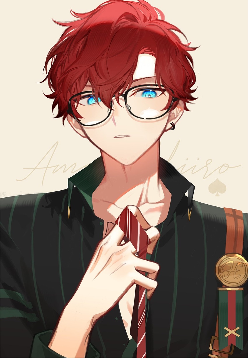 1boy aleo amagi_hiiro bespectacled black-framed_eyewear blue_eyes character_name collared_shirt commentary earrings ensemble_stars! glasses hand_up highres holding_necktie hoop_earrings jewelry keito_lecture_(ensemble_stars!) long_sleeves male_focus necktie official_alternate_costume open_collar parted_lips partially_unbuttoned red_hair shirt short_hair single_earring solo spade_(shape) striped_clothes striped_necktie striped_shirt suspenders symbol-only_commentary upper_body vertical-striped_clothes vertical-striped_shirt