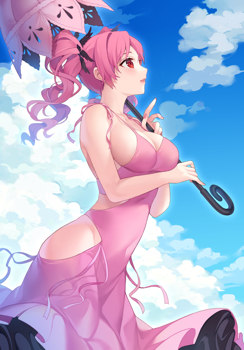 absurdres bad_id bad_pixiv_id bare_arms bare_shoulders blue_sky blush breasts cleavage cloud covered_navel cowboy_shot day dress feather_hair_ornament feathers female from_side hair_ornament highres hip_vent holding holding_umbrella large_breasts long_hair looking_away looking_up may_(2747513627) outdoors parasol parted_lips pink_dress pink_hair red_eyes shiki_(novel) shimizu_megumi sideboob sky sleeveless sleeveless_dress solo twintails umbrella wavy_hair