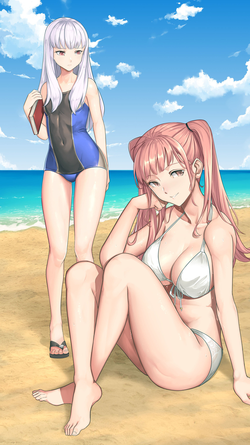 2girls absurdres amiba_(nerdamiba) bare_legs barefoot beach bikini blue_sky book breast_envy breasts cleavage closed_mouth cloud collarbone commentary covered_navel day feet fire_emblem fire_emblem:_three_houses flat_chest full_body highres hilda_valentine_goneril holding holding_book knees_up large_breasts legs long_hair lysithea_von_ordelia multiple_girls one-piece_swimsuit outdoors photoshop_(medium) pink_eyes pink_hair sandals sitting sky smile swimsuit thighs twintails water white_bikini white_hair