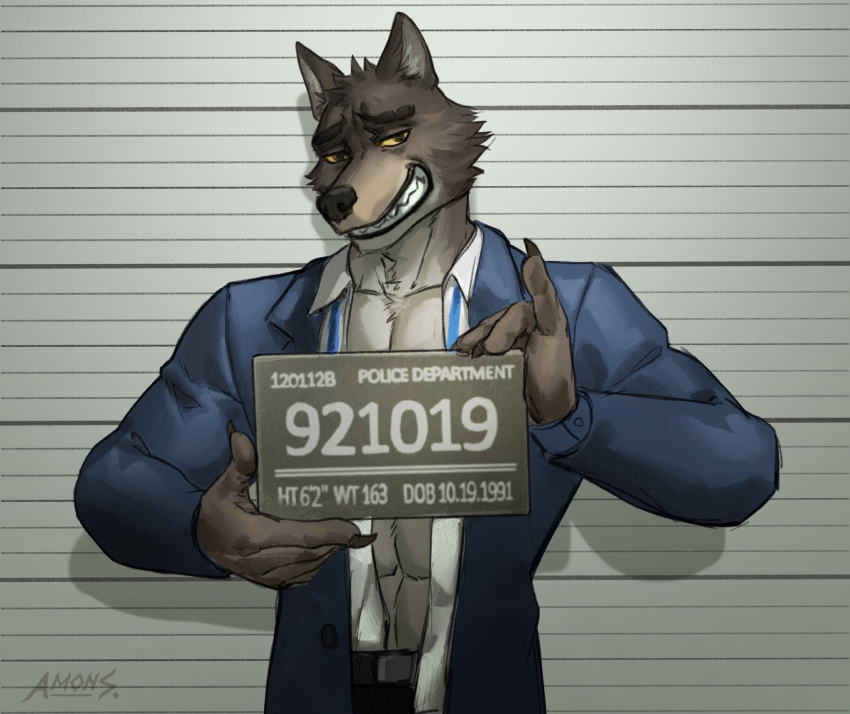 2021 5_fingers abs amon-sydonai anthro bottomwear canid canine canis chart chart_background clothing dreamworks eyebrows fingers height_chart hi_res holding_object holding_sign imperial_unit jail_placard male male_anthro mammal measurements mr._wolf_(the_bad_guys) muscular muscular_anthro muscular_male number numbered_tag pants placard police_lineup raised_finger raised_pinky scene_interpretation sign simple_background smile solo suit teeth the_bad_guys unit wolf