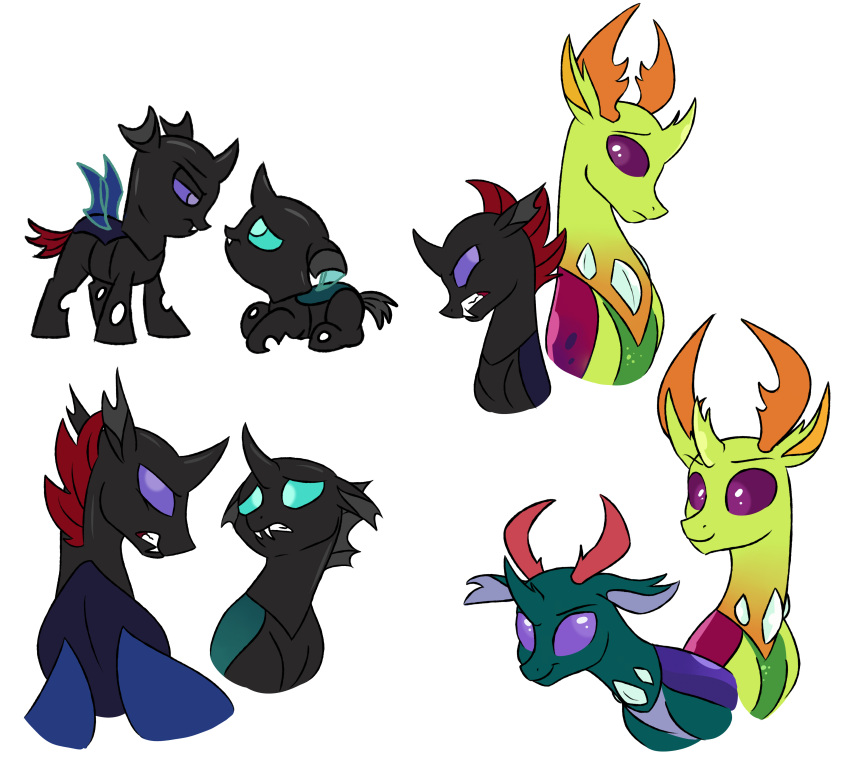 absurd_res ambiguous_gender antlers arthropod black_body brother_(lore) brothers_(lore) changeling doodlemark duo fangs feral friendship_is_magic green_body hasbro hi_res horn male_(lore) my_little_pony pharynx_(mlp) purple_eyes sibling_(lore) simple_background smile teeth thorax_(mlp) white_background young young_ambiguous young_feral