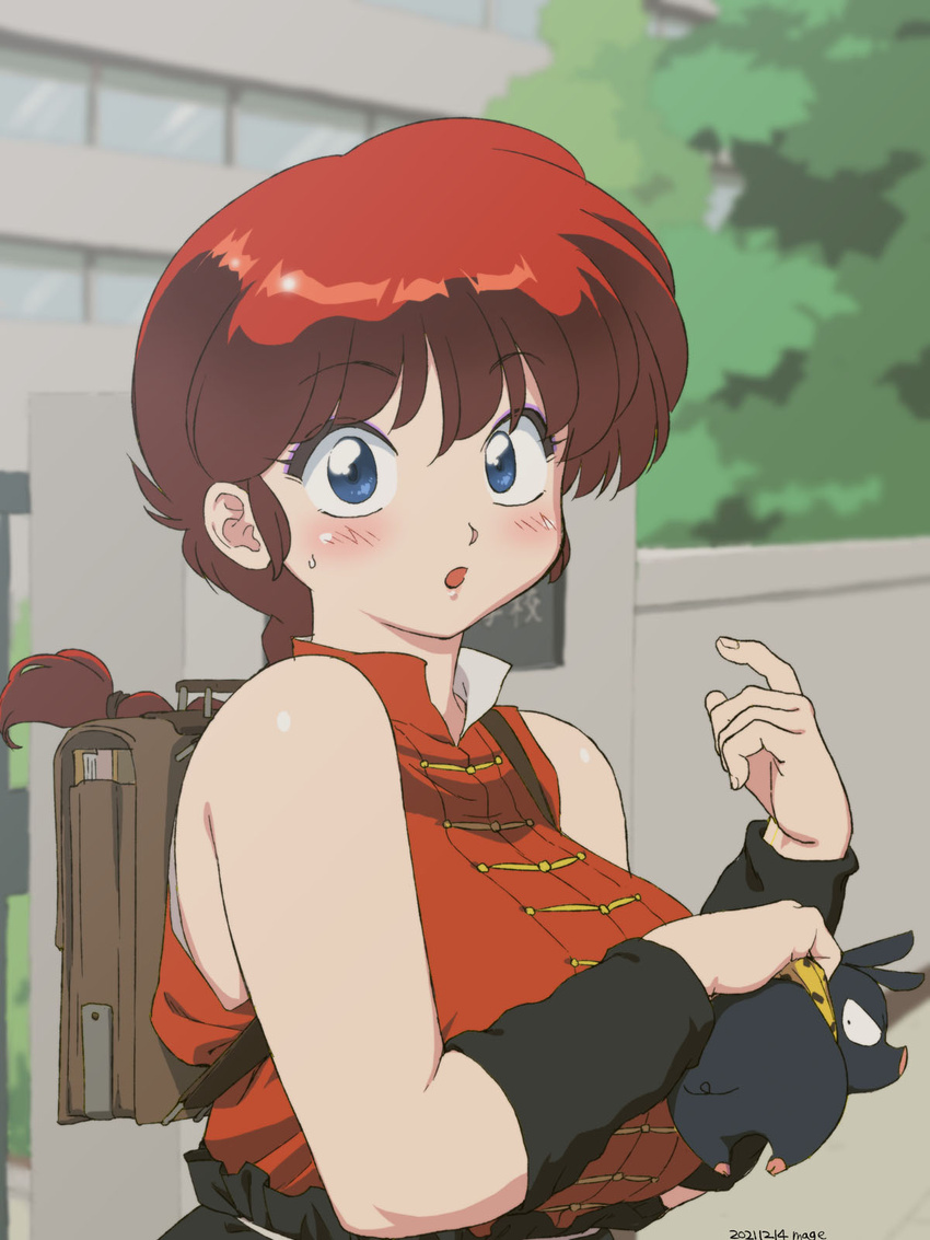 animal artist_name bag bandana bare_shoulders blue_eyes blush bracer braid braided_ponytail breasts building chinese_clothes commentary_request dated female genderswap_(mtf) highres holding holding_animal large_breasts looking_at_viewer mage_(harumagedon) outdoors p-chan parody piglet ranma-chan ranma_1/2 red_hair rule_63 school_bag sleeveless style_parody sweatdrop tangzhuang thick_arms tree upper_body wall