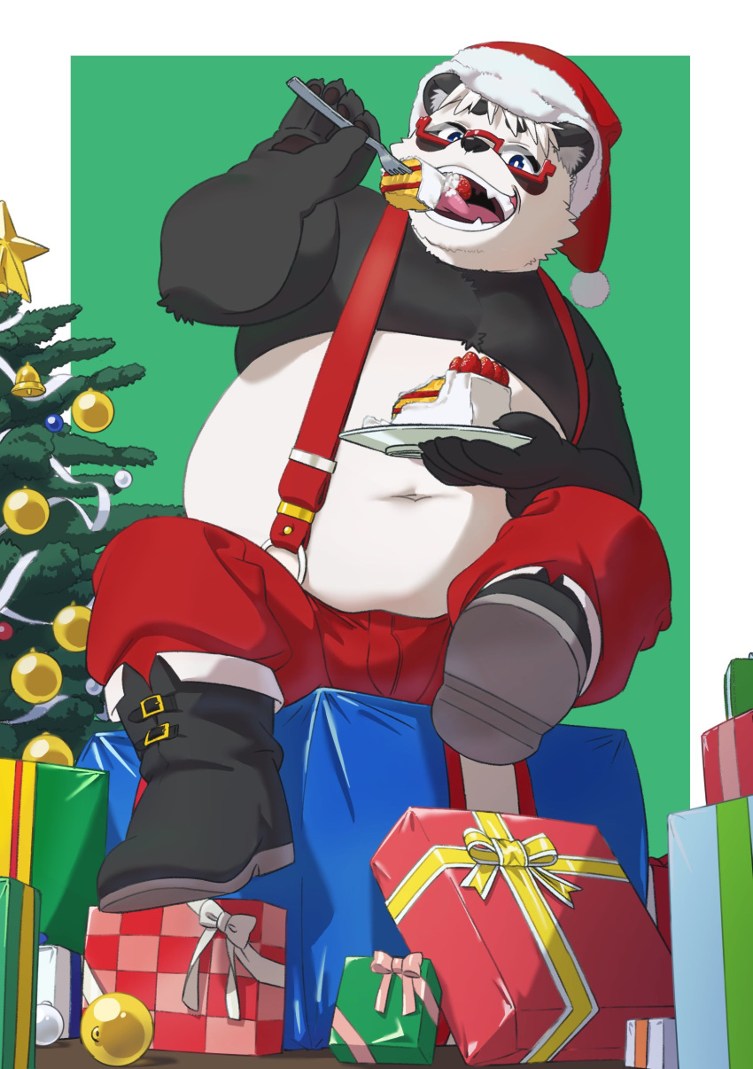 2022 absurd_res anthro bear belly big_belly black_body black_nose bottomwear cake christmas christmas_clothing christmas_headwear christmas_tree clothing dessert eating eyewear food giant_panda gift glasses hat headgear headwear hi_res holidays kemoniku120 kemono male mammal navel overweight overweight_male pants plant santa_hat sasayama_akira sitting solo suspenders tree vtuber white_body