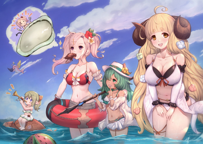 4girls :d ahoge amira_(shingeki_no_bahamut) angel_wings anila_(granblue_fantasy) animal_costume arm_cuffs azrael_(granblue_fantasy) bare_shoulders barefoot bikini bikini_shorts bikini_skirt blonde_hair blue_sky blunt_bangs blush blush_stickers breasts cleavage cloud collarbone commentary cowboy_shot dark-skinned_female dark_skin day dolphin_costume draph feathered_wings flower flugelhorn food food_in_mouth fruit granblue_fantasy green_eyes green_hair grey_shorts groin hair_between_eyes hair_flower hair_ornament hair_over_one_eye hair_ribbon hairclip halo hands_on_own_thighs harvin hat holding holding_polearm holding_swim_ring holding_weapon horns innertube instrument jacket jitome kolulu_(granblue_fantasy) kolulu_(summer)_(granblue_fantasy) large_breasts layered_bikini leaning_forward long_hair looking_at_another looking_at_viewer looking_to_the_side medium_hair midriff mimlememel multiple_girls music navel notice_lines ocean off_shoulder official_alternate_costume open_mouth outdoors pink_hair playing_instrument pointy_ears polearm ponytail purple_eyes red_bikini ribbon ribbon-trimmed_bikini sheep_horns short_eyebrows short_shorts shorts sidelocks sitting skirt sky smile sparkle spear standing swim_ring swimsuit teeth thick_eyebrows thigh_strap thought_bubble tortoise turtle turtleton twintails uneg upper_teeth_only very_long_hair wading watermelon weapon wet white_bikini white_jacket white_skirt wings wrist_cuffs wrist_wrap x_hair_ornament yellow_eyes