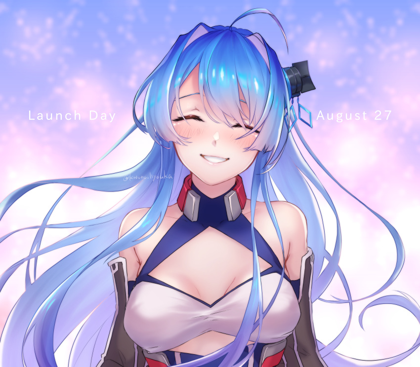 ^_^ absurdres ahoge azur_lane bare_shoulders blue_background blue_dress blue_hair blush breasts cleavage closed_eyes collarbone commentary_request dated detached_sleeves dress eyebrows_hidden_by_hair female gloves grin hair_between_eyes hair_intakes hair_ornament halterneck happy_birthday helena_(azur_lane) highres kurono_hyouka long_hair medium_breasts sidelocks sleeveless sleeveless_dress smile solo standing twitter_username upper_body very_long_hair