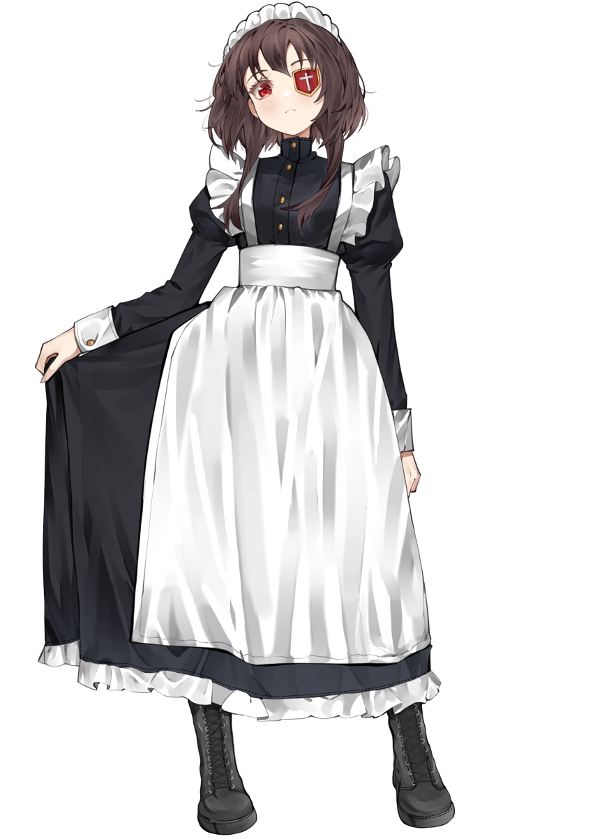 absurdres ai-nohikari alternate_costume apron black_hair blush bow brown_hair commentary dress english_commentary enmaided eyepatch female full_body highres kono_subarashii_sekai_ni_shukufuku_wo! looking_at_viewer maid maid_apron maid_headdress megumin puffy_sleeves red_eyes short_hair_with_long_locks simple_background solo white_background