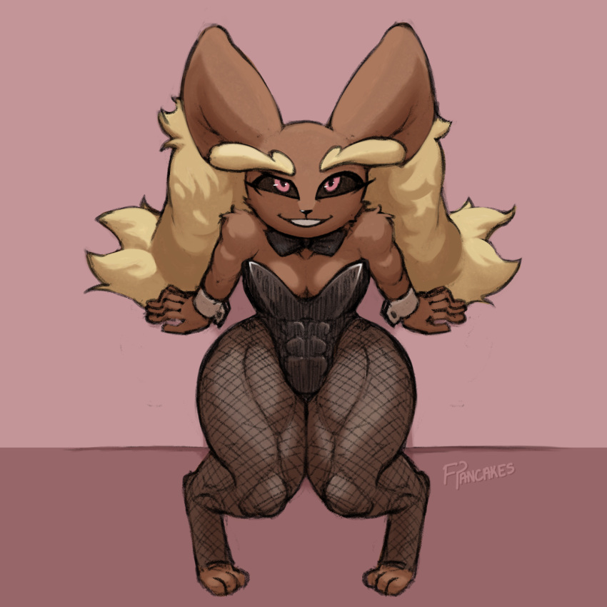 1:1 abs anthro athletic athletic_anthro athletic_female bow_(feature) bow_in_front bow_tie breasts brown_body brown_fur bunny_costume clothed clothing costume cuffs_(clothing) digital_media_(artwork) female fishnet_clothing fishnet_legwear freepancakes fur generation_4_pokemon hi_res lagomorph legwear long_ears looking_at_viewer lopunny lulu_(eztarg3t) mammal nintendo pokemon pokemon_(species) simple_background smile solo thick_thighs wide_hips