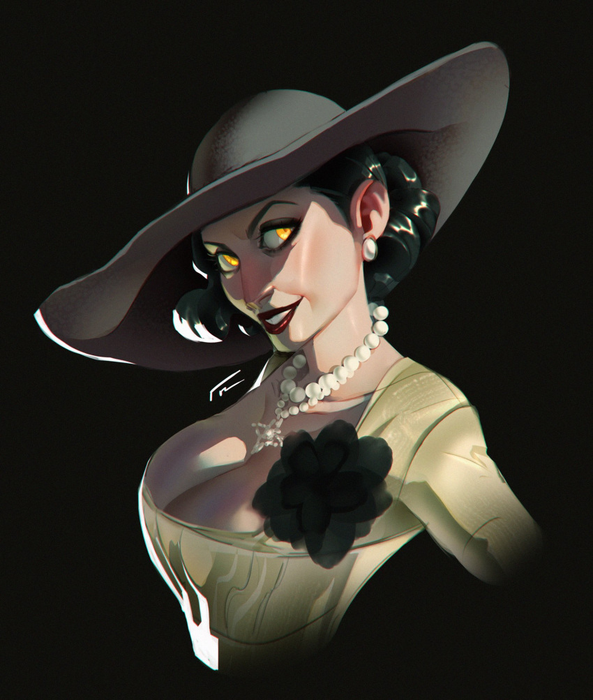 alcina_dimitrescu black_hair breasts cleavage commentary dress earrings english_commentary evil_smile female flower hat highres jewelry looking_at_viewer luzdanaee necklace pearl_necklace resident_evil resident_evil_village rose short_hair smile yellow_eyes