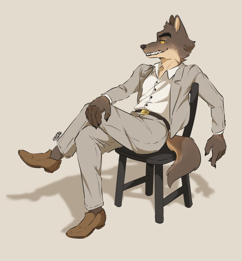 2021 5_fingers anthro bent_legs bottomwear canid canine canis carameltiiiger clothing countershading crossed_legs dreamworks fingers footwear hi_res leg_over_thigh lidded_eyes male male_anthro mammal mr._wolf_(the_bad_guys) pants plantigrade shadow shoes simple_background solo suit teeth the_bad_guys wolf