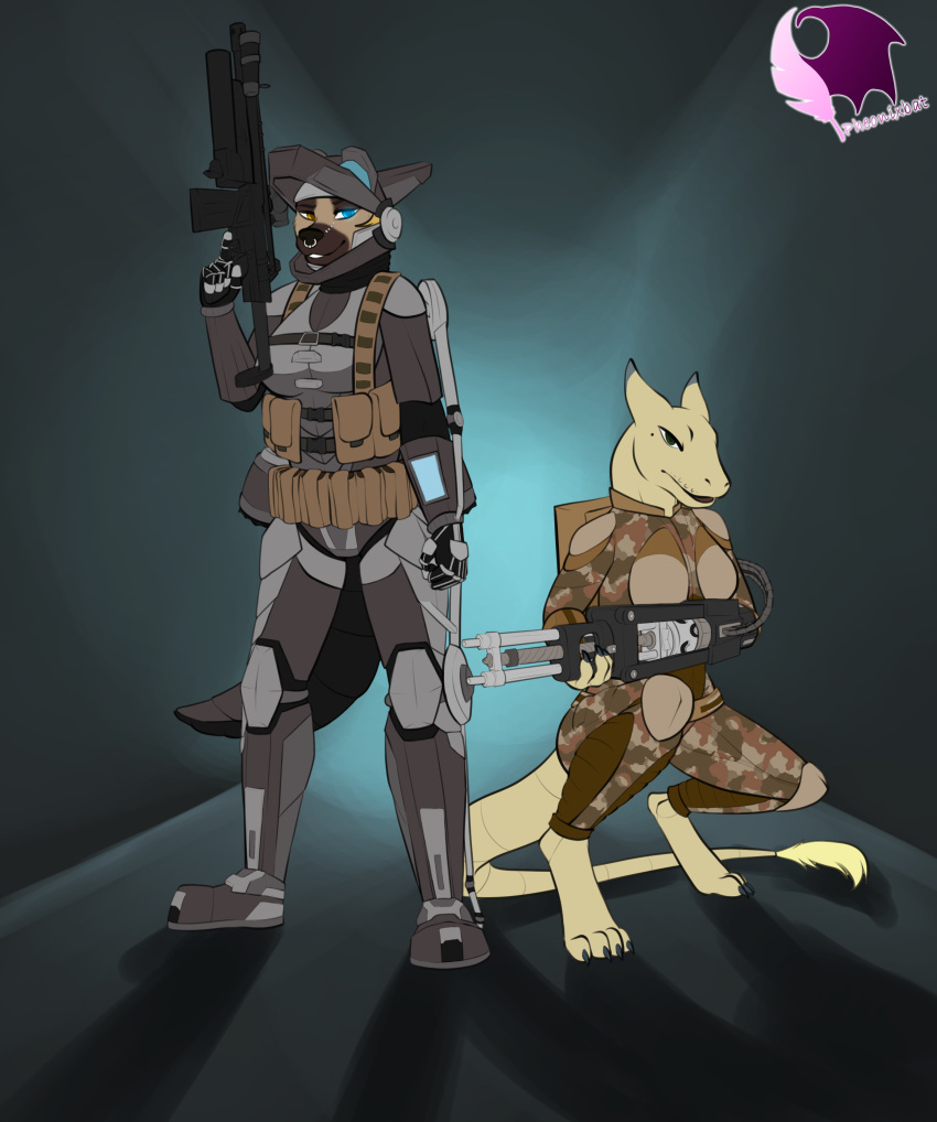 absurd_res anthro armor breasts camo canid canine canis clothed clothing domestic_dog duo exo exosuit female fully_clothed german german_shepherd gun gun_arm headgear helmet herding_dog heterochromia hi_res holding_gun holding_object holding_ranged_weapon holding_weapon looking_at_viewer machine mammal natasha_klopov pastoral_dog pheonixbat ranged_weapon rifle simple_background suit tail weapon wrist_computer