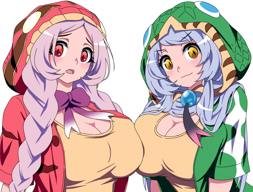 2girls amazon_tree_boa_(kemono_friends) asymmetrical_docking blue_hair bow bowtie braid breast_press breasts cleavage closed_mouth d: emerald_tree_boa_(kemono_friends) furrowed_brow head_tilt highres hood hood_up hooded_jacket jacket kemono_friends large_breasts light_blush long_hair looking_at_viewer mamiyama multiple_girls open_clothes open_jacket open_mouth purple_hair red_eyes shirt simple_background slit_pupils twin_braids upper_body very_long_hair wavy_mouth white_background yellow_eyes