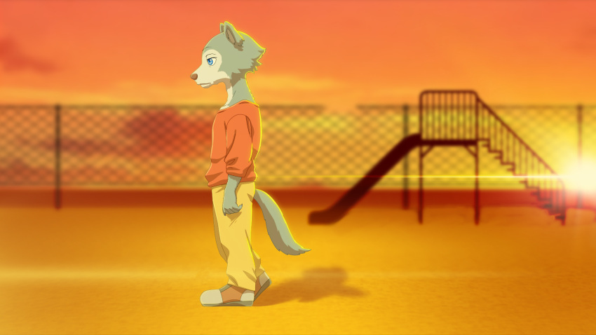 16:9 3d_(artwork) anthro beastars blue_eyes bottomwear broken canid canine canis clothed clothing cloud dark_side digital_media_(artwork) dirt evening footwear fur grey_body grey_fur ground hi_res legoshi_(beastars) light male mammal net orange_co. pants photo_background photography_(artwork) railing red_clothing shadow shoes side_view silhouette sky slide solo stage street_lamp sun walking white_body white_clothing white_footwear white_fur white_shoes widescreen wolf xdzy111 yellow_bottomwear yellow_clothing yellow_pants