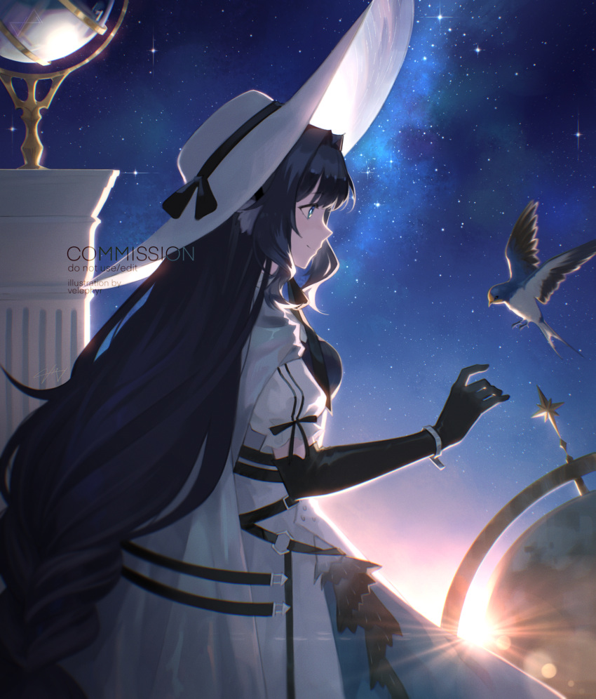 arknights astesia_(arknights) astesia_(starseeker)_(arknights) bird black_gloves black_ribbon blue_eyes blue_hair blue_sky bluebird breasts cape celestial_globe commission constellation cowboy_shot dress elbow_gloves female from_side globe gloves hat hat_ribbon highres large_hat long_hair nebula night night_sky profile ribbon short_sleeves sky small_breasts smile solo star_(sky) starry_sky sunlight swallow_(bird) velephyr very_long_hair white_cape white_dress white_hat