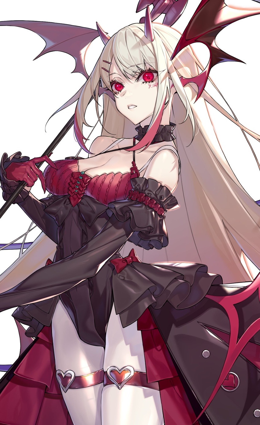 bat_wings black_choker black_dress blonde_hair bow breasts character_name choker collarbone criss-cross_halter demon_horns detached_sleeves dress facial_mark female frilled_choker frilled_dress frills gloves gradient_hair halterneck heart heart_o-ring heart_print highres hoe-l holding holding_staff horns long_hair medium_breasts multicolored_hair original pantyhose parted_lips red_bodice red_bow red_dress red_eyes red_gloves red_hair sidelocks simple_background staff standing swept_bangs thigh_strap very_long_hair white_background white_pantyhose wing_ears wings