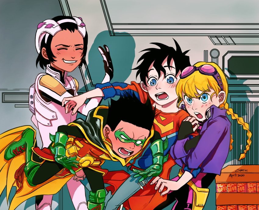 2boys 2girls arm_hug black_hair blonde_hair blue_eyes cape damian_wayne dark_skin dc_comics domino_mask freckles goggles goggles_on_head gozerdor highres holding indoors jonathan_kent kathy_branden lolicon mask maya_ducard multiple_boys multiple_girls open_mouth pink-tinted_eyewear robin_(dc) super_sons superboy superhero_costume teeth tinted_eyewear